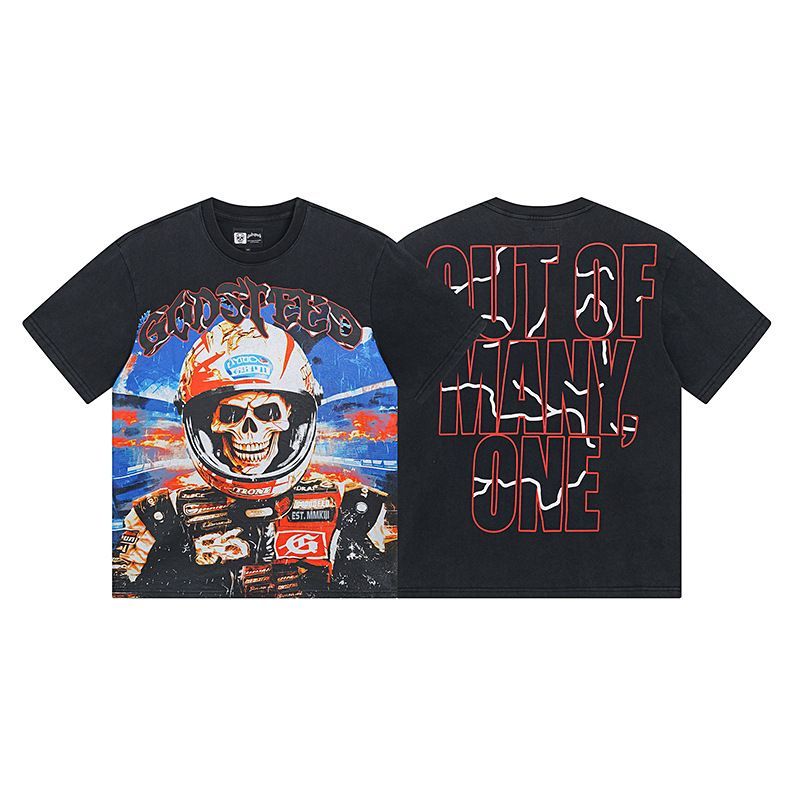 High Street Trendy Brand Heavy-Duty Washed Distressed Skull Letter Print_viptrois.com