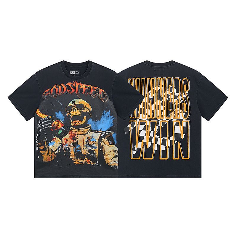 High Street Trendy Brand Heavy-Duty Washed Distressed Skull Letter Print_viptrois.com