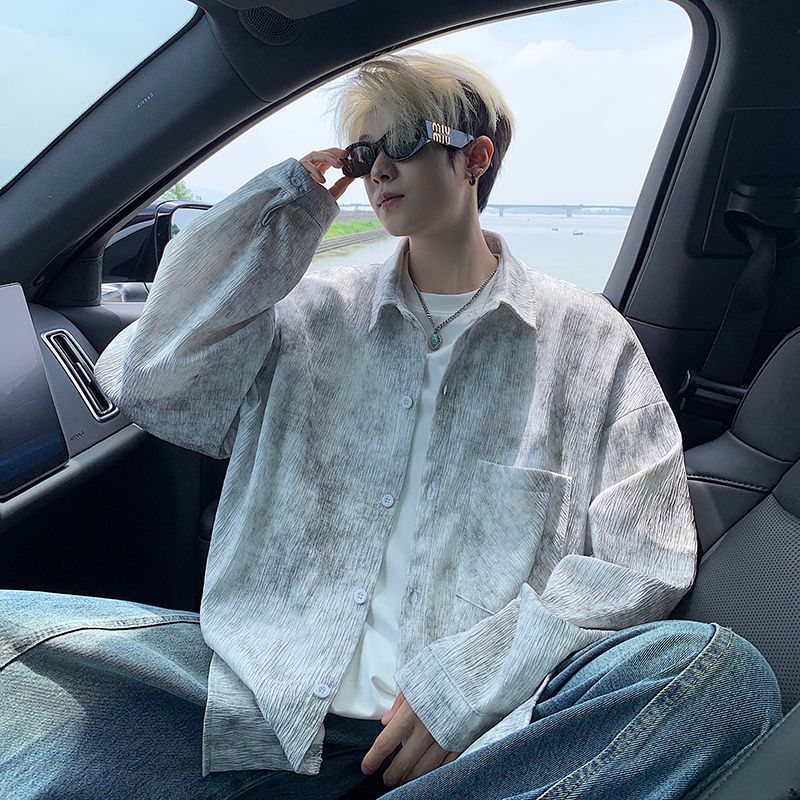 春秋季衬衫男士青少年新款潮流港风简约百搭新中式扎染长袖衬衣外