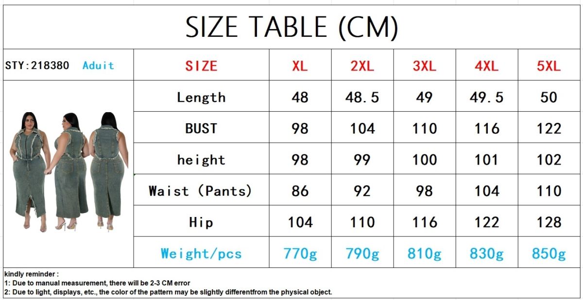 Completo due pezzi da donna con gonna lunga in denim, senza maniche, con nappe, cerniera e spacco, taglie forti_voghion.com