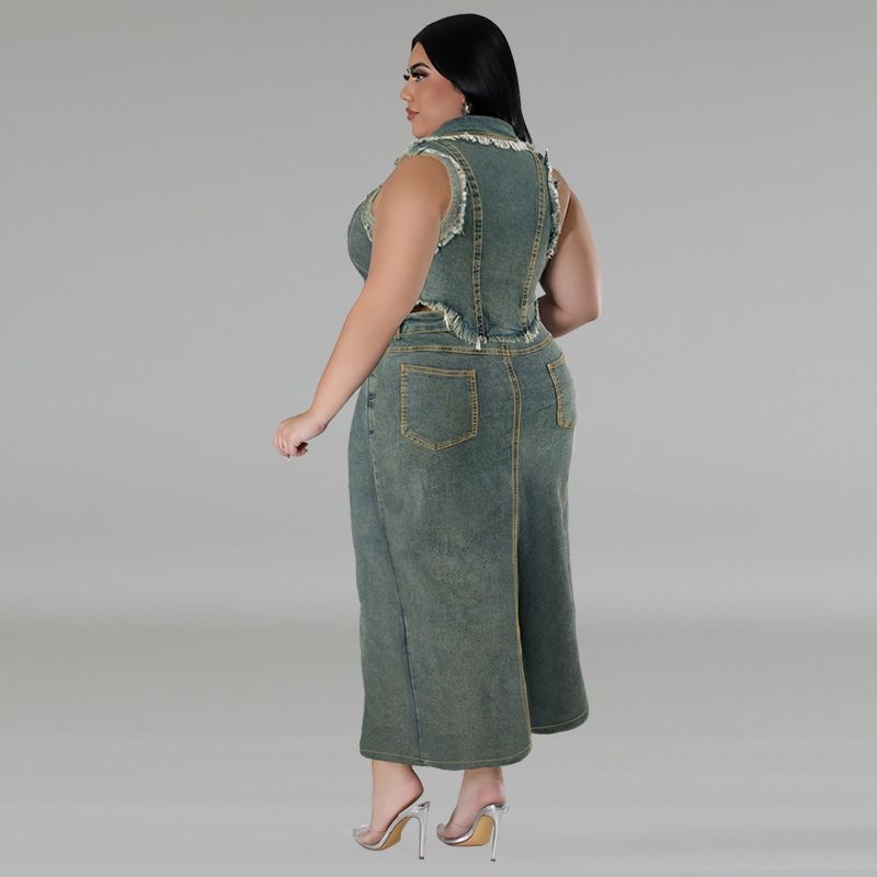 Completo due pezzi da donna con gonna lunga in denim, senza maniche, con nappe, cerniera e spacco, taglie forti_voghion.com