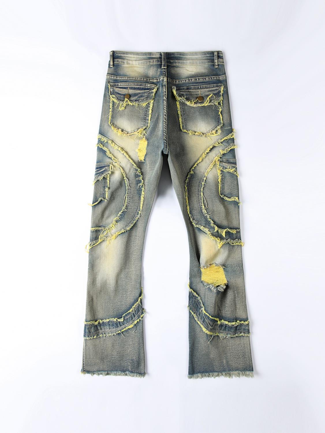 Jean slim rétro à poches patchwork et franges, effet usé, style américain délavé, tendance streetwear._voghion.com