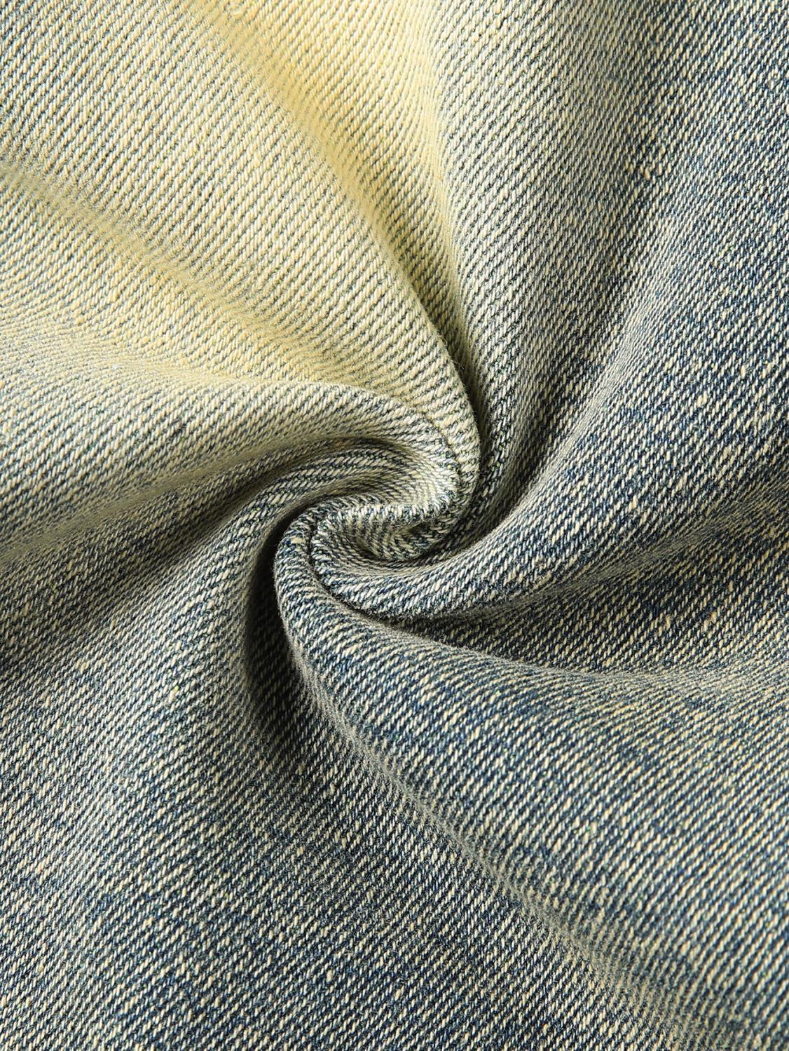 Jean slim rétro à poches patchwork et franges, effet usé, style américain délavé, tendance streetwear._voghion.com