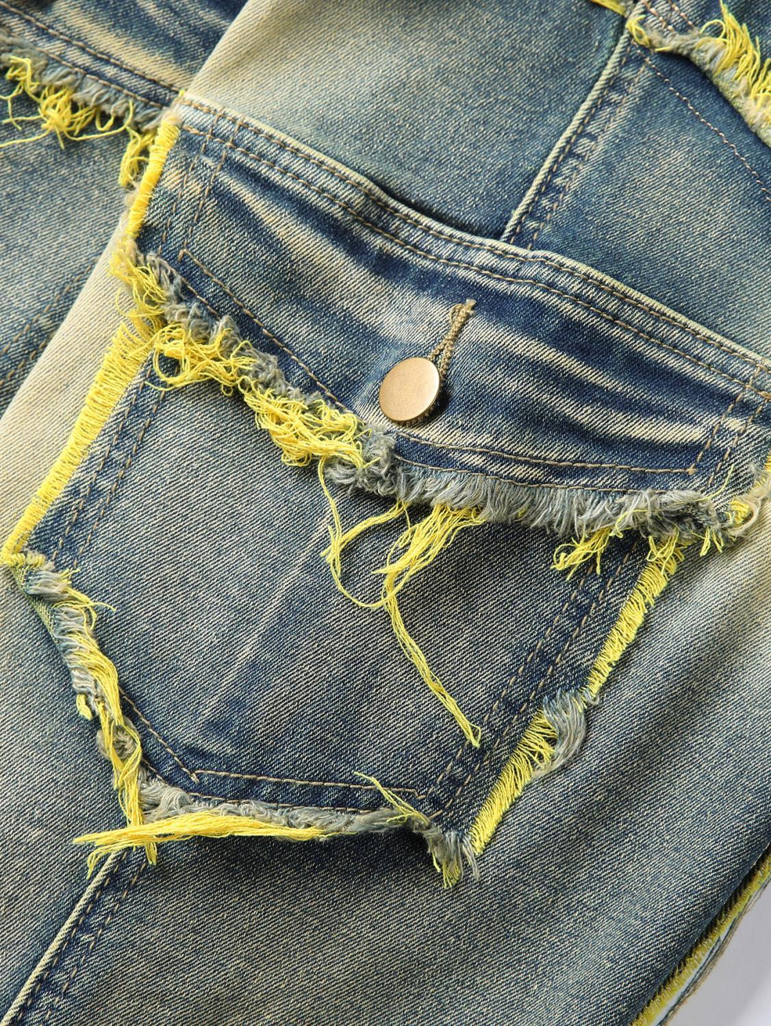 Jean slim rétro à poches patchwork et franges, effet usé, style américain délavé, tendance streetwear._voghion.com