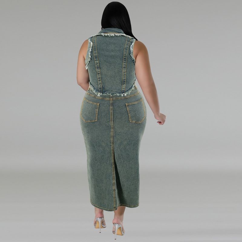 Completo due pezzi da donna con gonna lunga in denim, senza maniche, con nappe, cerniera e spacco, taglie forti_voghion.com