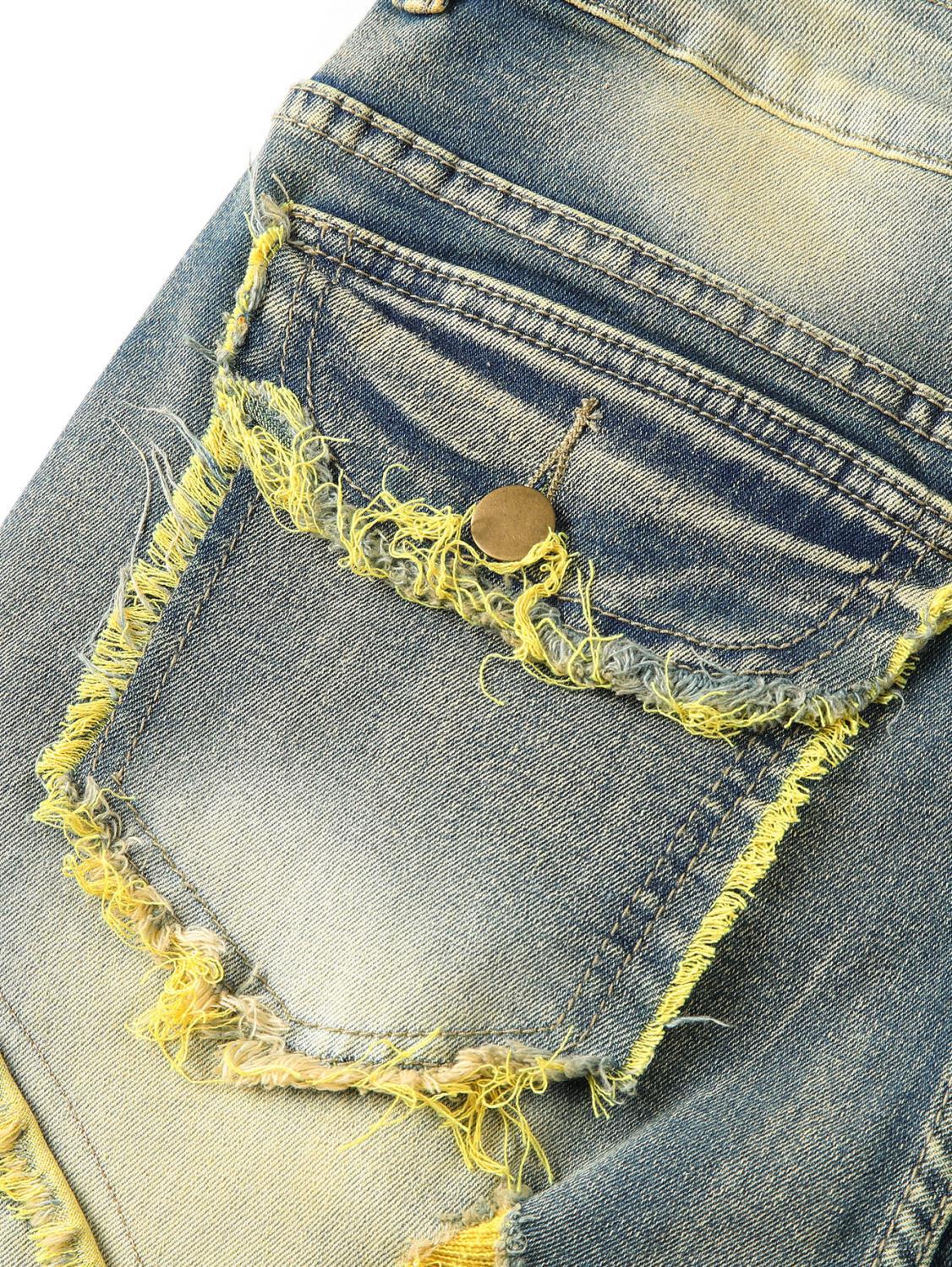 Jean slim rétro à poches patchwork et franges, effet usé, style américain délavé, tendance streetwear._voghion.com