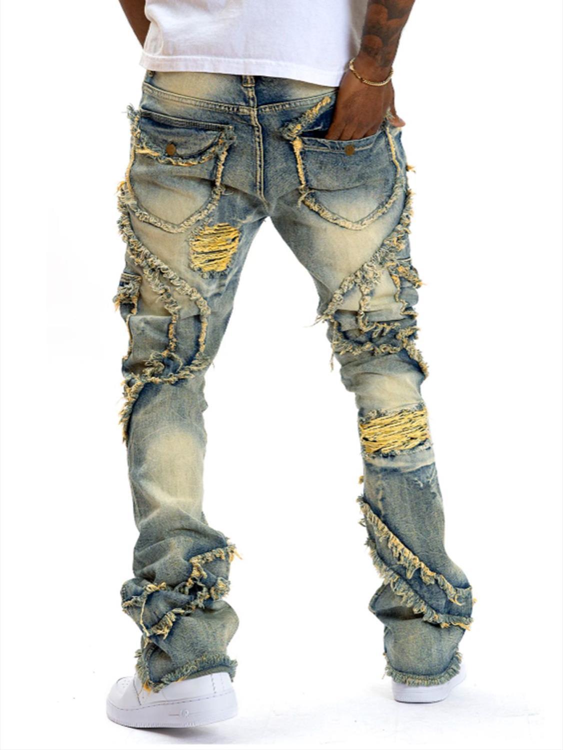 Jean slim rétro à poches patchwork et franges, effet usé, style américain délavé, tendance streetwear._voghion.com