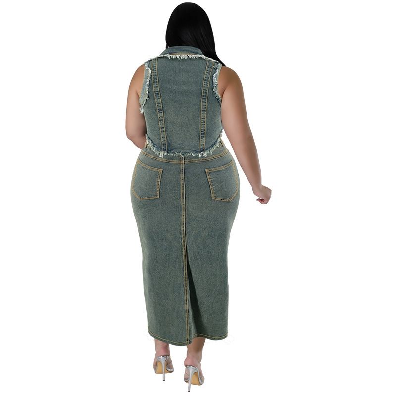 Completo due pezzi da donna con gonna lunga in denim, senza maniche, con nappe, cerniera e spacco, taglie forti_voghion.com