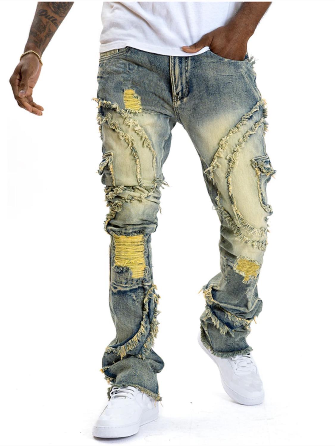 Jean slim rétro à poches patchwork et franges, effet usé, style américain délavé, tendance streetwear._voghion.com