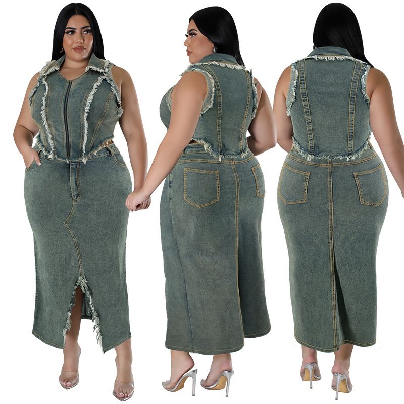 Completo due pezzi da donna con gonna lunga in denim, senza maniche, con nappe, cerniera e spacco, taglie forti_voghion.com