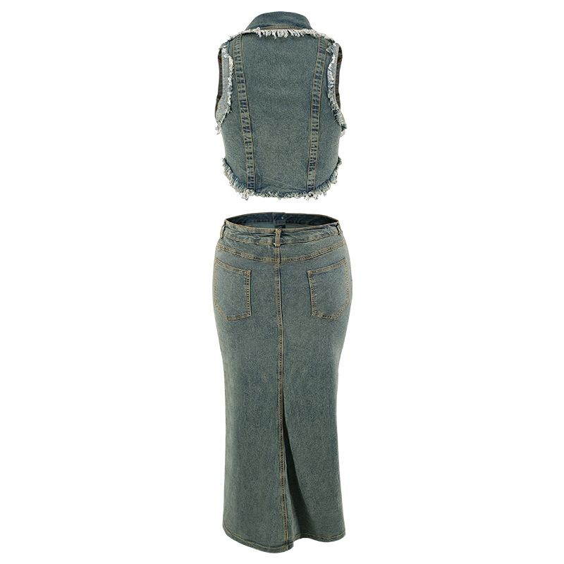 Completo due pezzi da donna con gonna lunga in denim, senza maniche, con nappe, cerniera e spacco, taglie forti_voghion.com