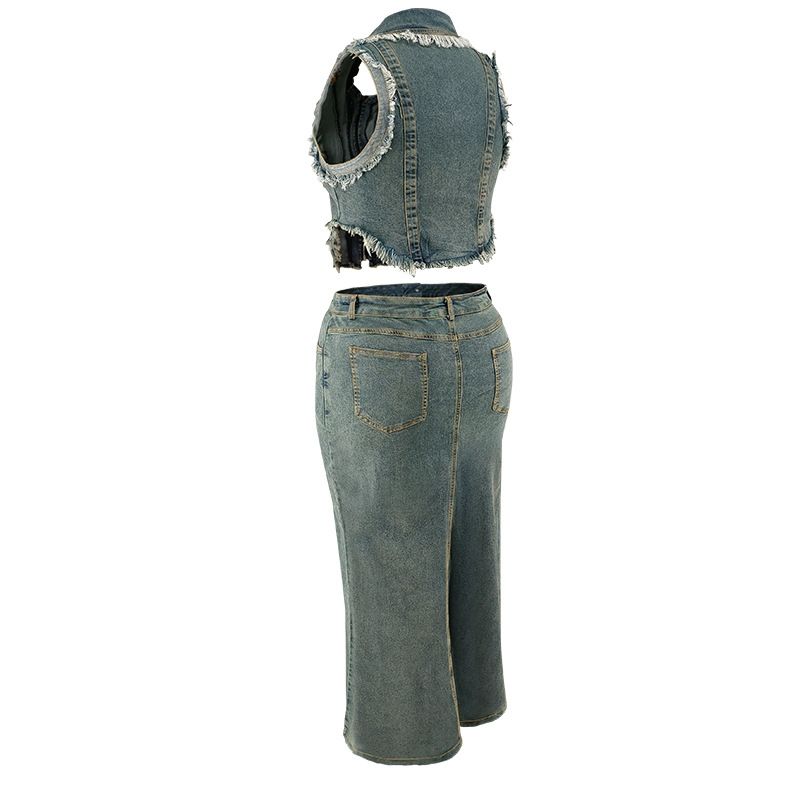 Completo due pezzi da donna con gonna lunga in denim, senza maniche, con nappe, cerniera e spacco, taglie forti_voghion.com