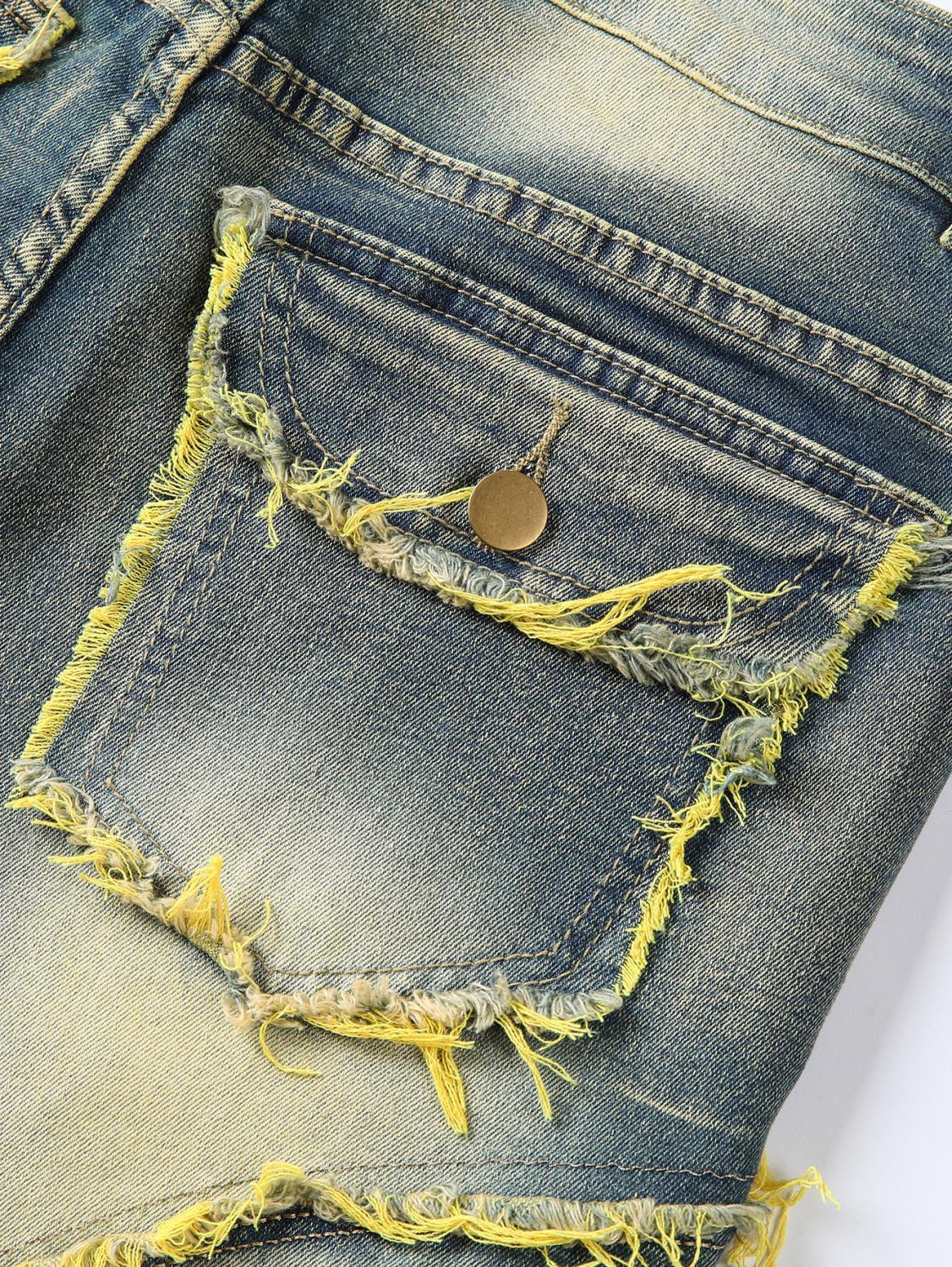 Jean slim rétro à poches patchwork et franges, effet usé, style américain délavé, tendance streetwear._voghion.com