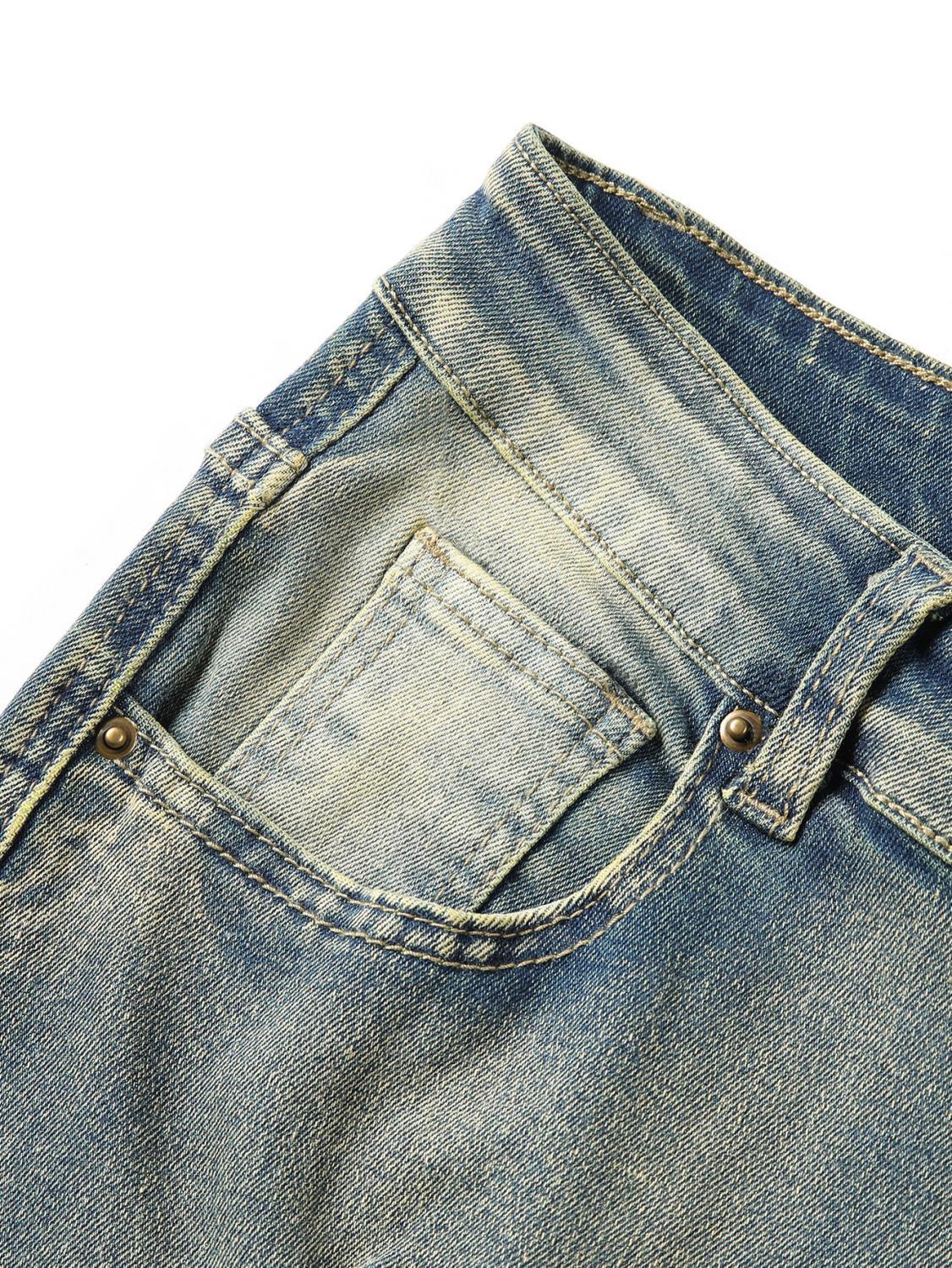 Jean slim rétro à poches patchwork et franges, effet usé, style américain délavé, tendance streetwear._voghion.com