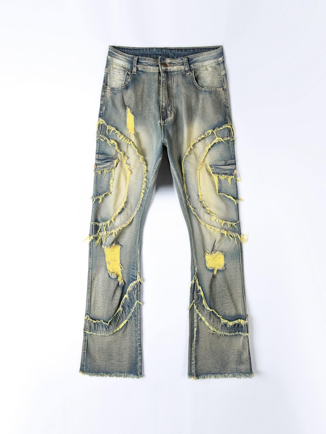Jean slim rétro à poches patchwork et franges, effet usé, style américain délavé, tendance streetwear._voghion.com