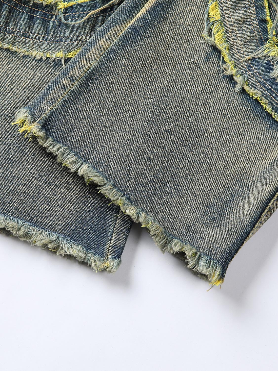 Jean slim rétro à poches patchwork et franges, effet usé, style américain délavé, tendance streetwear._voghion.com