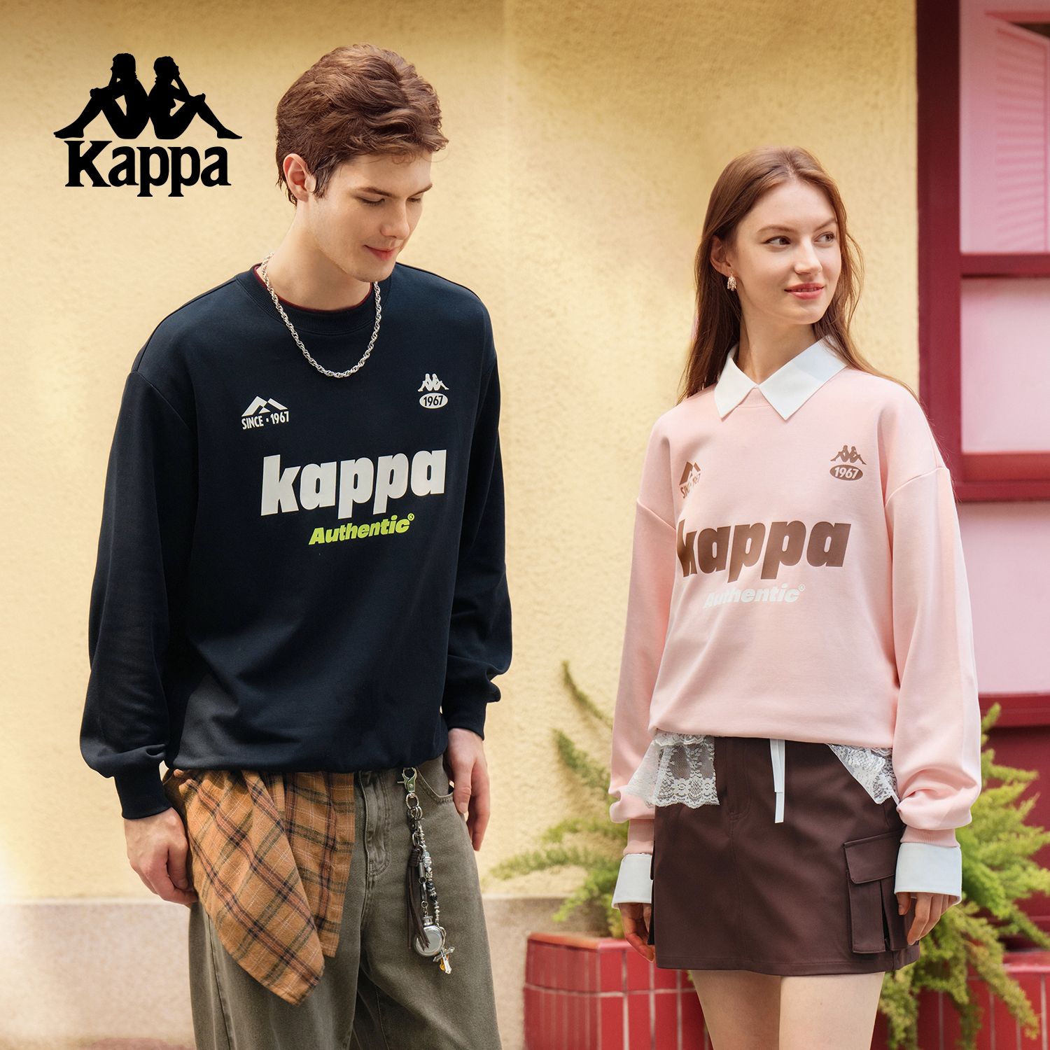 Kappa卡帕背靠背秋季新款美式圆领套头卫衣男休闲运动情侣上衣女