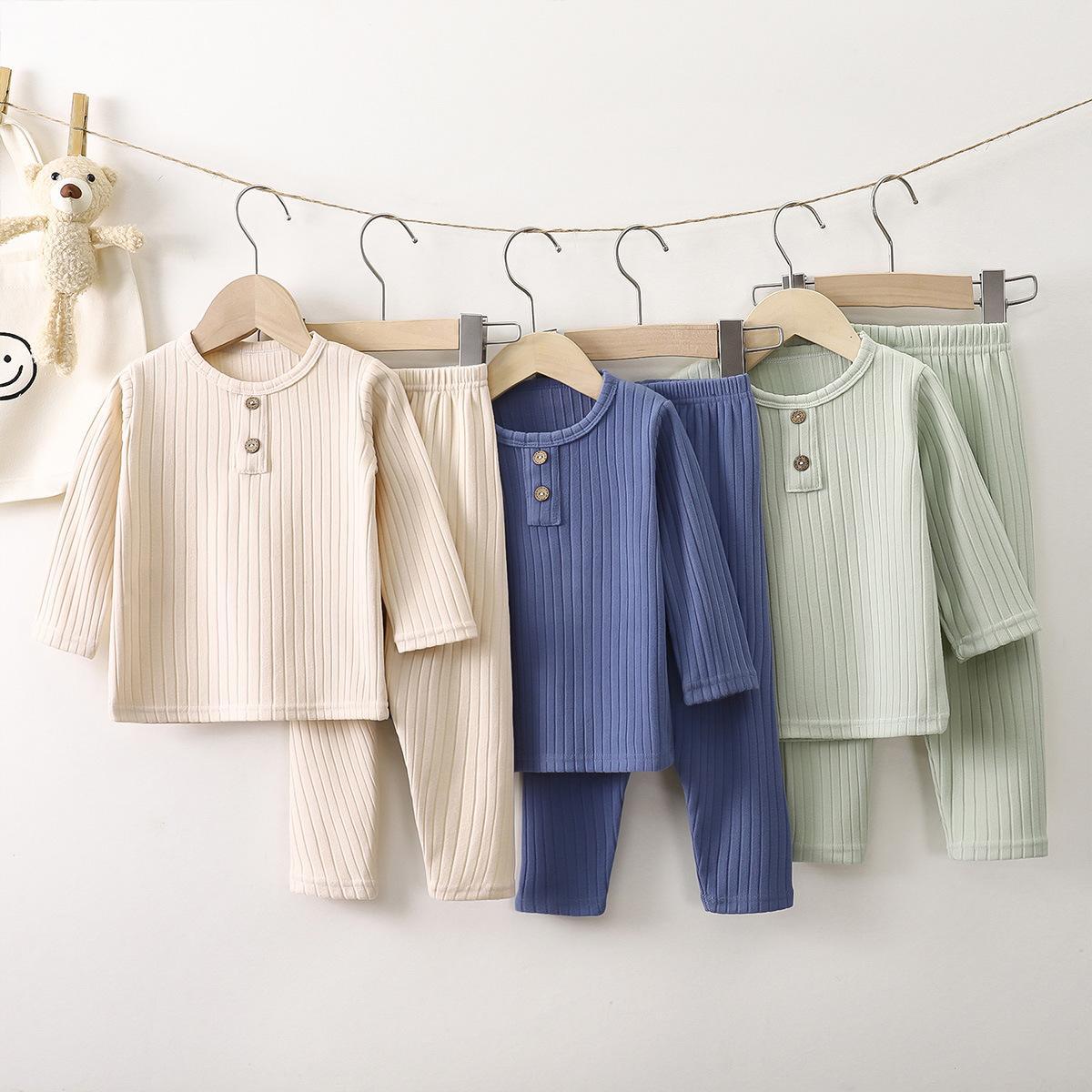 儿童内衣套装韩版衣服春秋季新款男童德绒女宝宝坑条家居服童装【4天内发货】