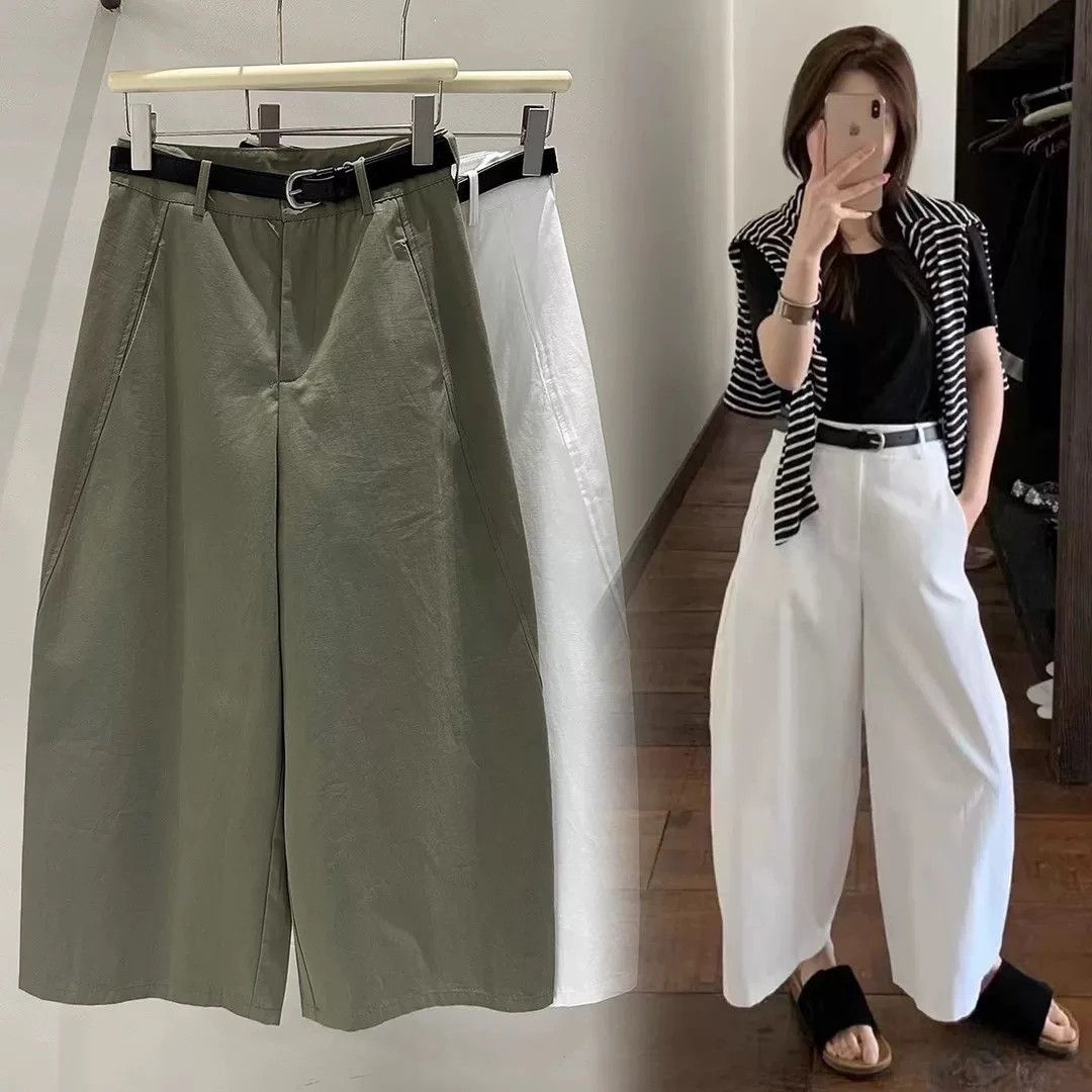 【配皮带100纯棉]早秋韩版洋气九分阔腿弯刀裤女高腰显瘦气球裤子