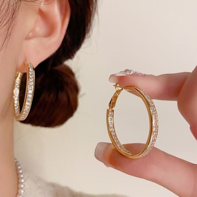 2025 New Fashionable Micro-Inlaid Exquisite Hoop Earrings, Ultra-Shiny Ear Jewelry, Minimalist Style High-End Hoops_voghion.com