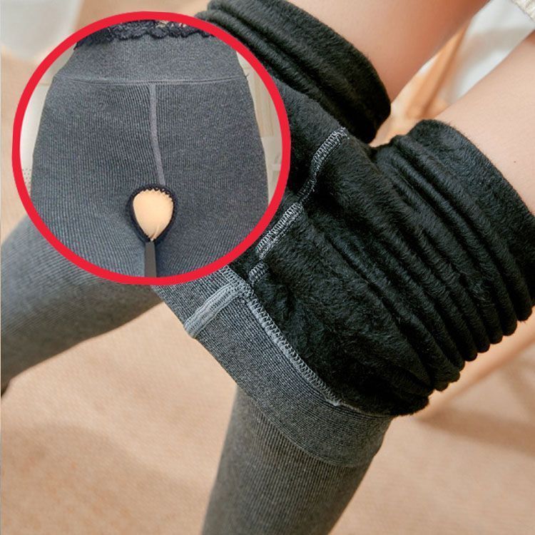 竖条纹开档打底裤秋冬季加绒加厚螺纹棉外穿踩脚保暖裤女士一体裤