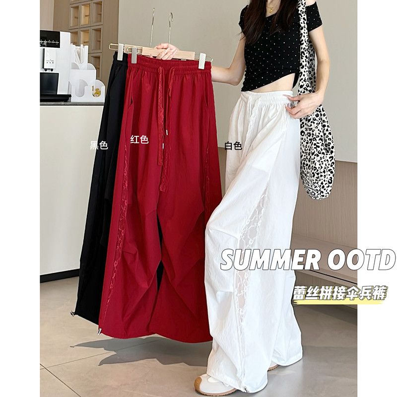 夏季薄款百搭蕾丝工装裤女2025新款镂空拼接宽松阔腿直筒裤子