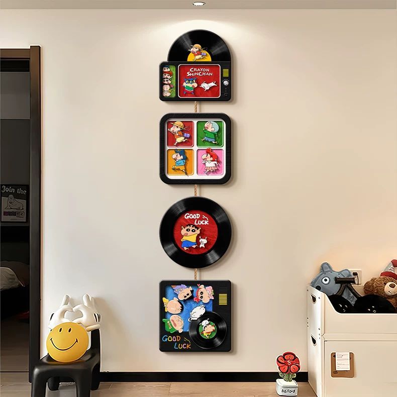 蜡笔小新多巴胺玄关装饰画黑胶唱片卡通电视背景墙挂画创意墙壁画