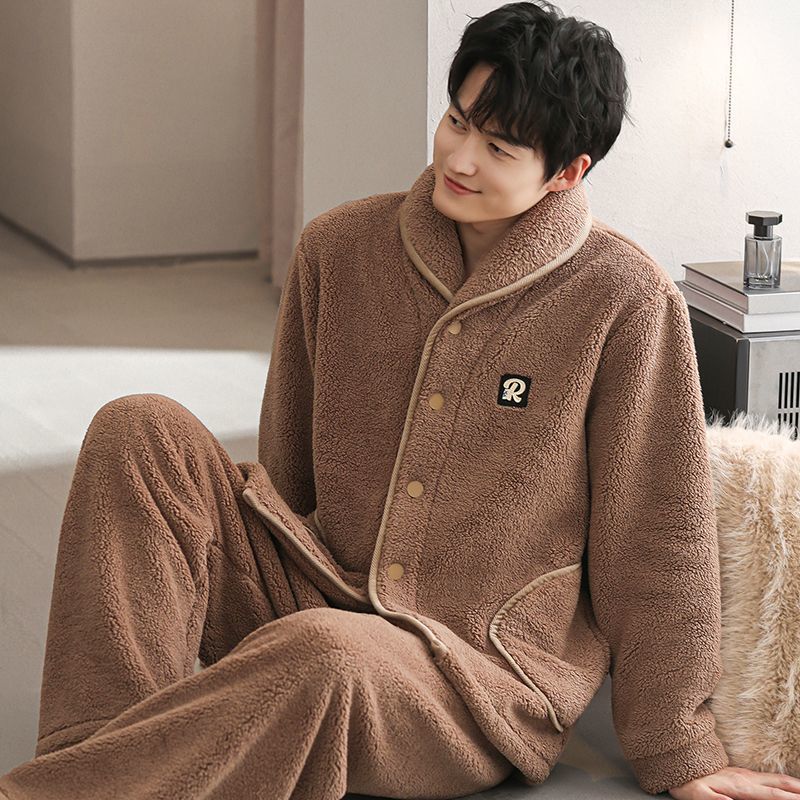 秋冬新款加厚睡衣男可外穿家居服珊瑚绒套装开衫大码长袖保暖简约