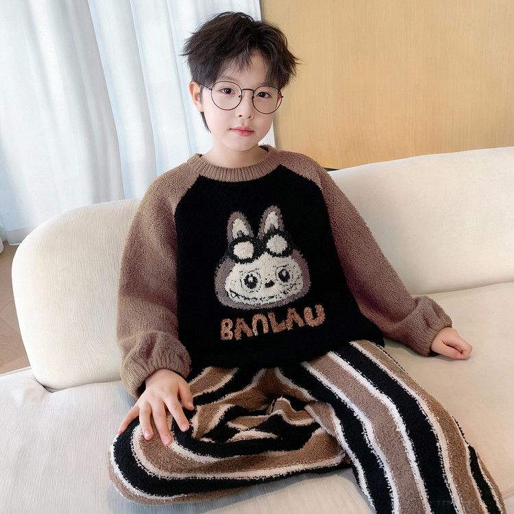 保暖家居服男套装加绒加厚儿童初中男童防寒保暖衣冬