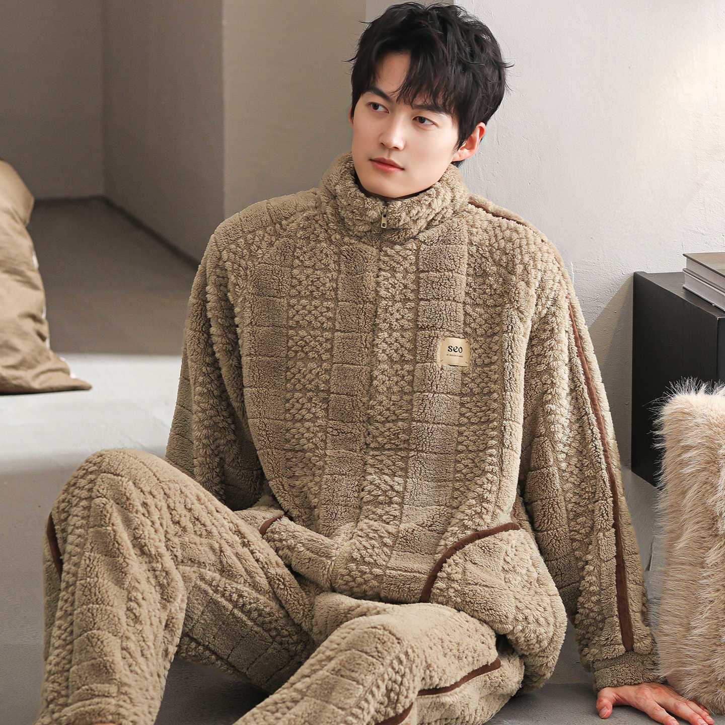 高克重新款加厚睡衣男珊瑚绒秋冬可外穿家居服套装拉链长袖简约风