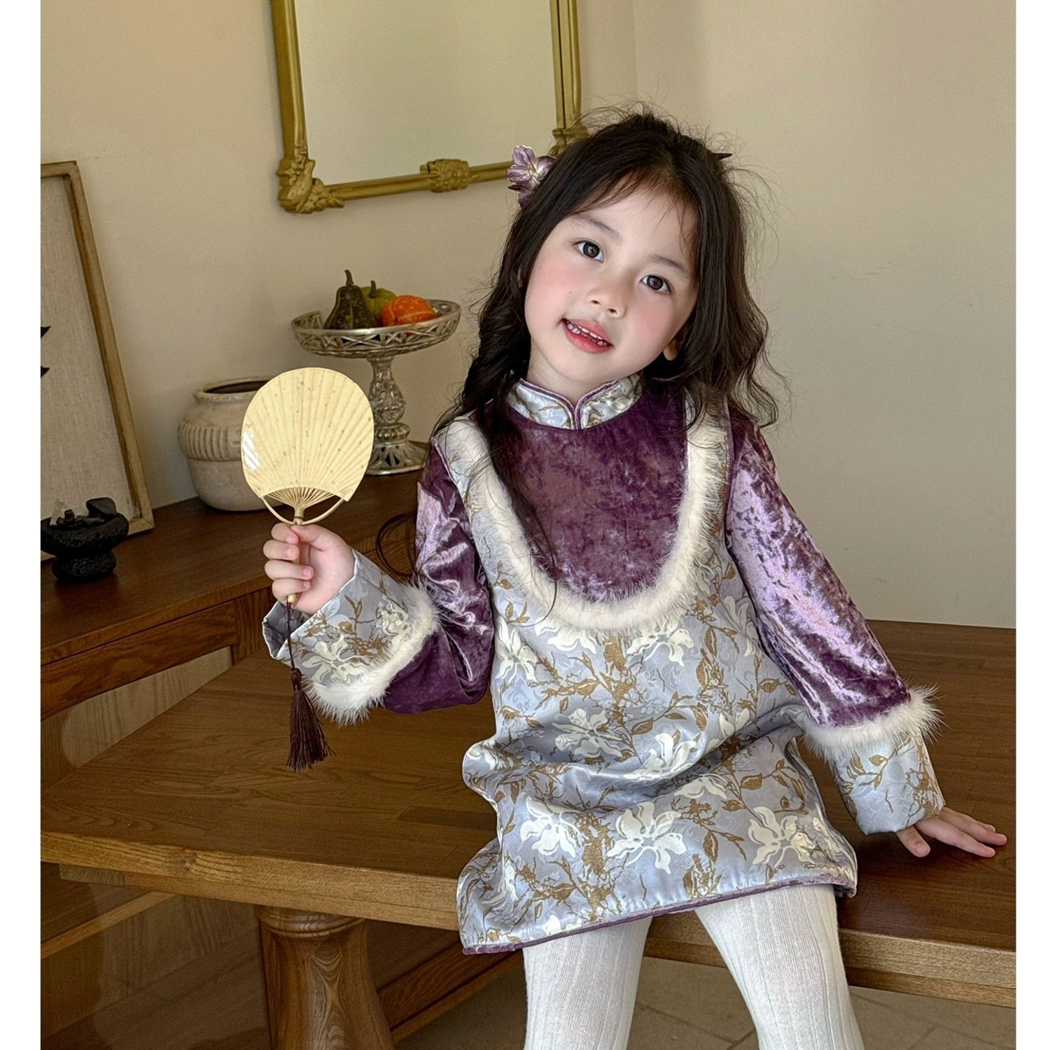 壹妈童装女童中国风套装2025秋冬新款小女孩金丝绒衬衫紫色旗袍裙