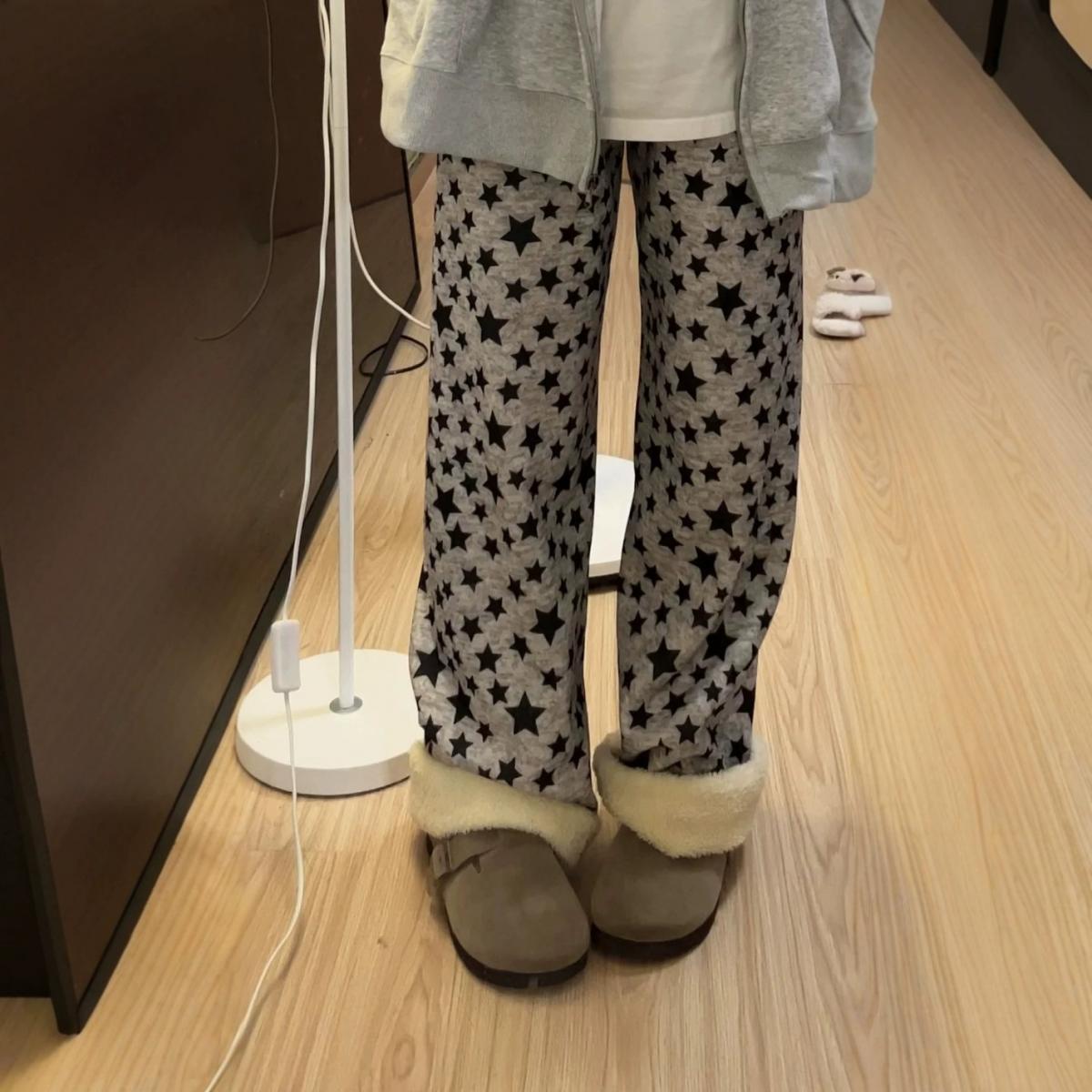 秋冬新款羊羔绒阔腿裤印花休闲居家裤宽松可爱加绒直筒裤保暖睡裤