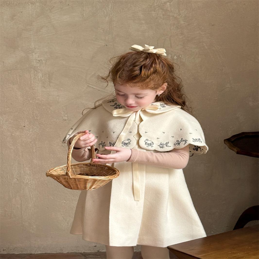 Winter Outfit Korean Style Embroidered Shawl Woolen Coat Girls' Doll Collar Fleece Princess French Dress_voghion.com