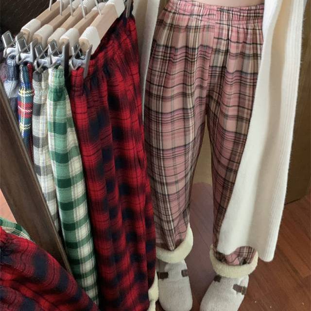 冬日保暖神器加绒加厚韩版chic百搭格子学生版居家休闲阔腿裤子女【3天内发货】