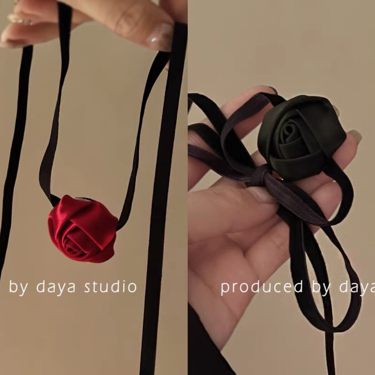 Fransk retro hårsnodd med ros i satin och sammet nischad design_voghion.com