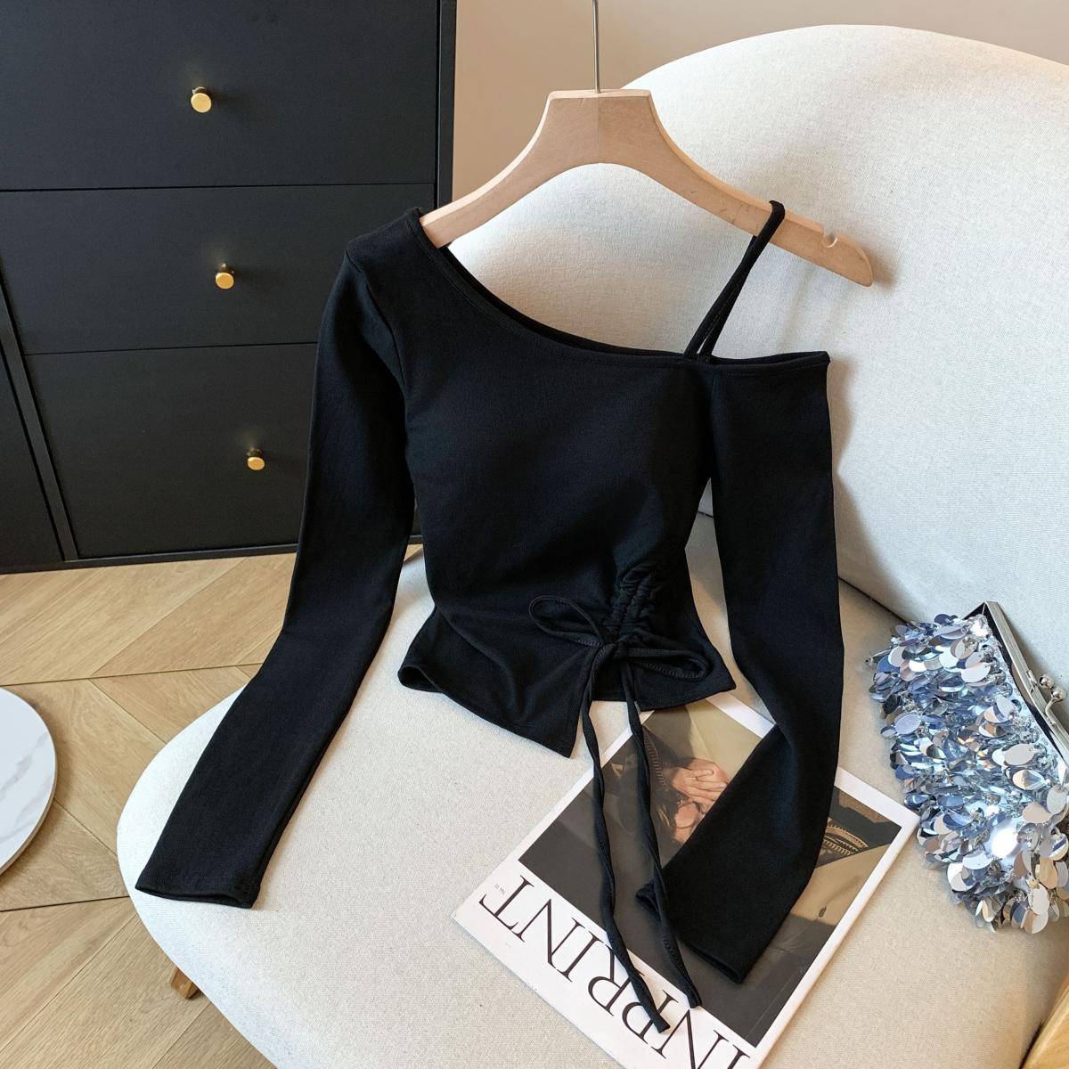 纯欲不规则抽绳绑带斜肩长袖t恤女春秋穿搭高级感chic别致上衣服