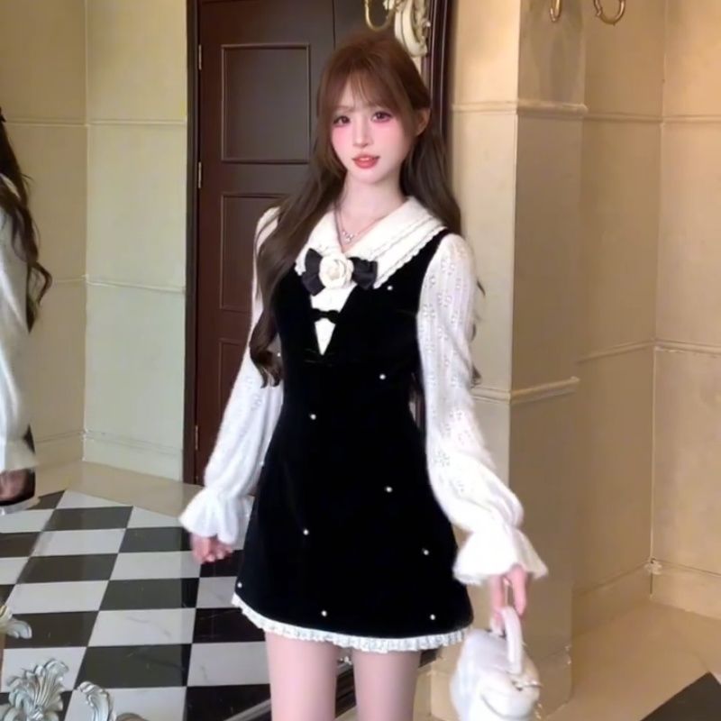 千金风假两件钉珠黑色丝绒连衣裙女秋冬新款收腰显瘦高级感短裙子