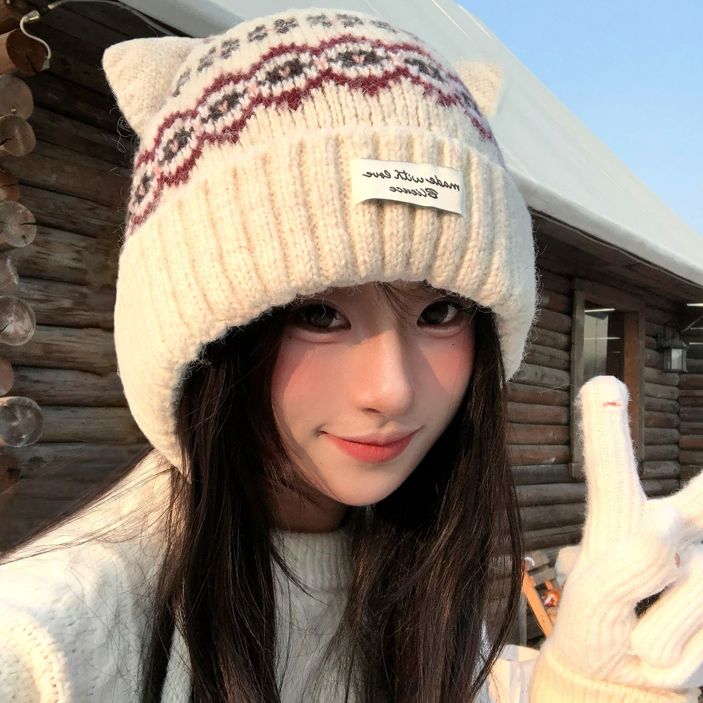 复古提花猫耳朵毛线帽女冬季费尔岛风大头围帽子保暖护耳针织冷帽