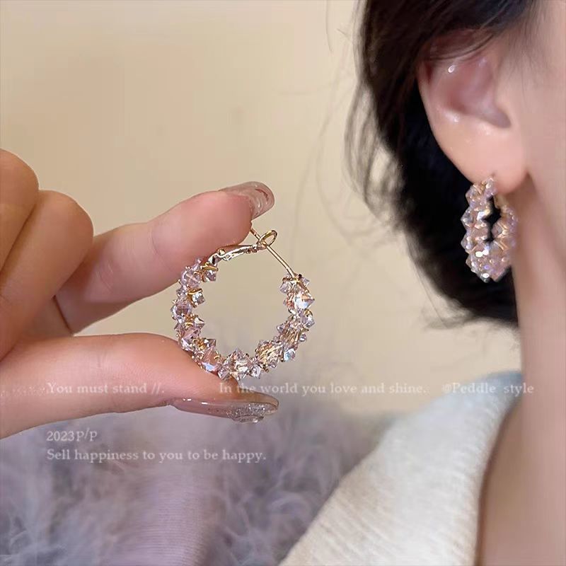 Shimmering Dazzling~ Sparkling Crystal Hoop Earrings, 2026 New Popular Model, Niche Style, Elegant And Light Luxury_voghion.com