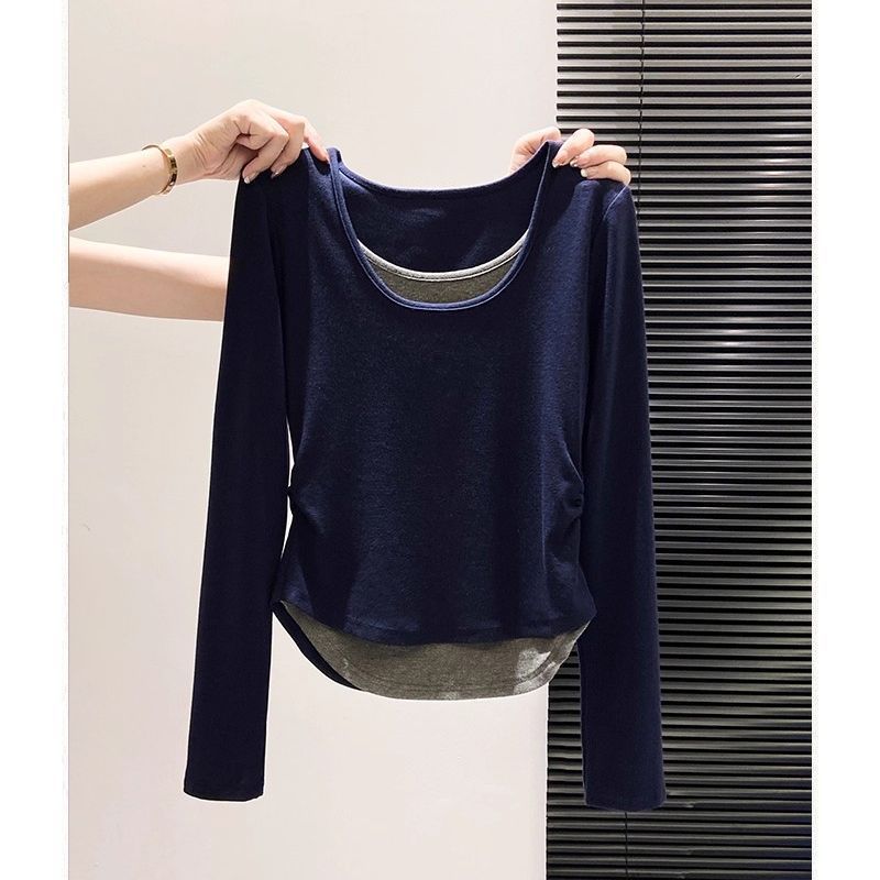 大码德绒设计感假两件长袖t恤女秋冬季新款胖mm修身显瘦遮肉上衣