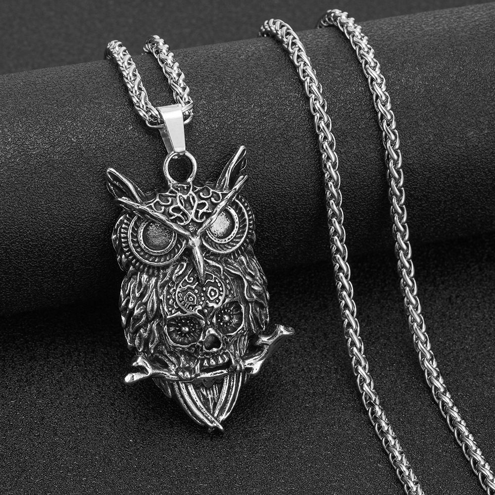 Owl Skull Pendant Necklace For Men Titanium Steel Viking Style_voghion.com