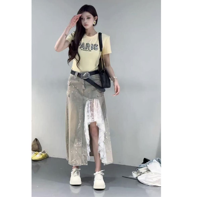 Y2K American Retro High Waist A-Line Denim Midi Skirt, Distressed Faded Wash Metal Rivet Skirt With Front Lace High Slit & Decorative Buckle Belt_ecoleips.com