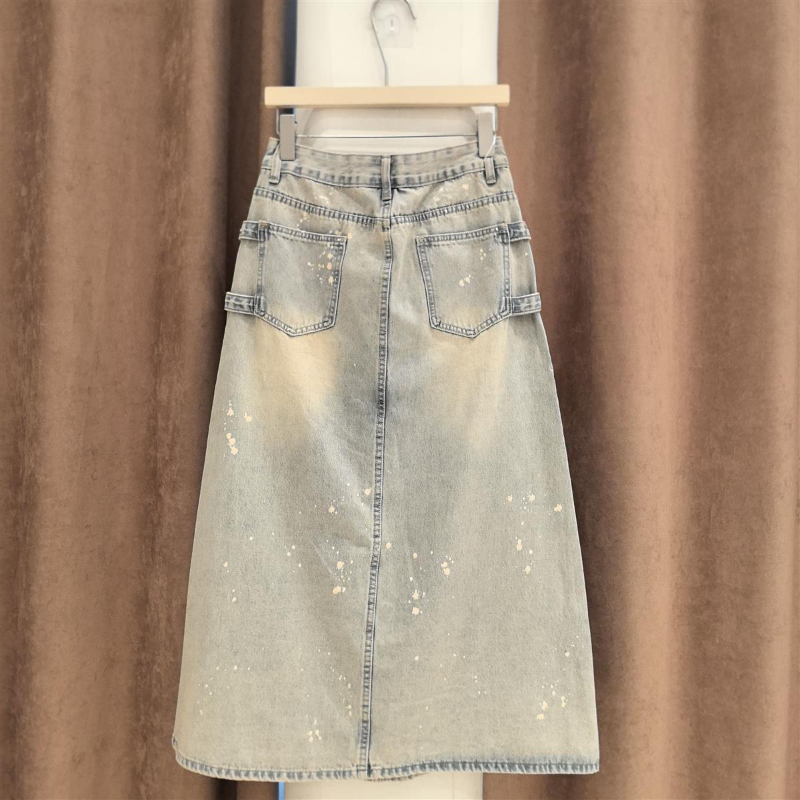 Y2K American Retro High Waist A-Line Denim Midi Skirt, Distressed Faded Wash Metal Rivet Skirt With Front Lace High Slit & Decorative Buckle Belt_ecoleips.com