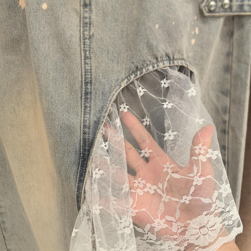 Y2K American Retro High Waist A-Line Denim Midi Skirt, Distressed Faded Wash Metal Rivet Skirt With Front Lace High Slit & Decorative Buckle Belt_ecoleips.com