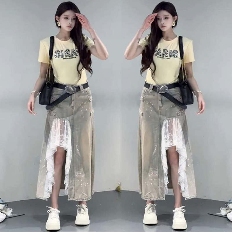 Y2K American Retro High Waist A-Line Denim Midi Skirt, Distressed Faded Wash Metal Rivet Skirt With Front Lace High Slit & Decorative Buckle Belt_ecoleips.com