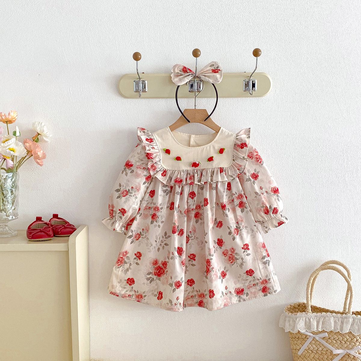 Robe de princesse rose à fleurs style coréen pour petites filles, robe bébé, collection printemps 2026, manches longues_voghion.com