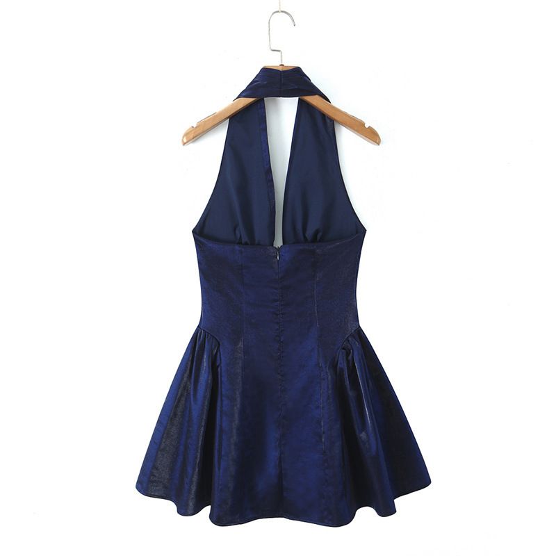 Halterjurk met diepe V-hals, open rug, getailleerde pasvorm, plooien en uitlopende rok, korte jurk voor dames, geschikt voor de lente, nachtclub of feestjes._voghion.com