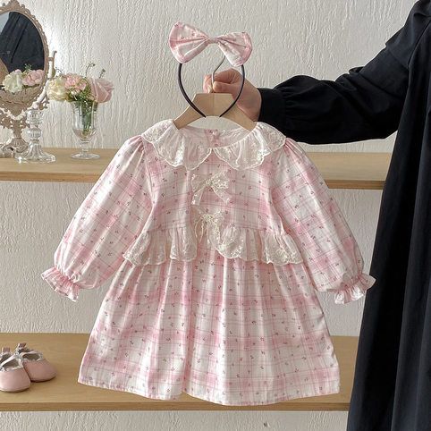 Vestido de princesa a cuadros para bebé niña con cuello bobo_voghion.com