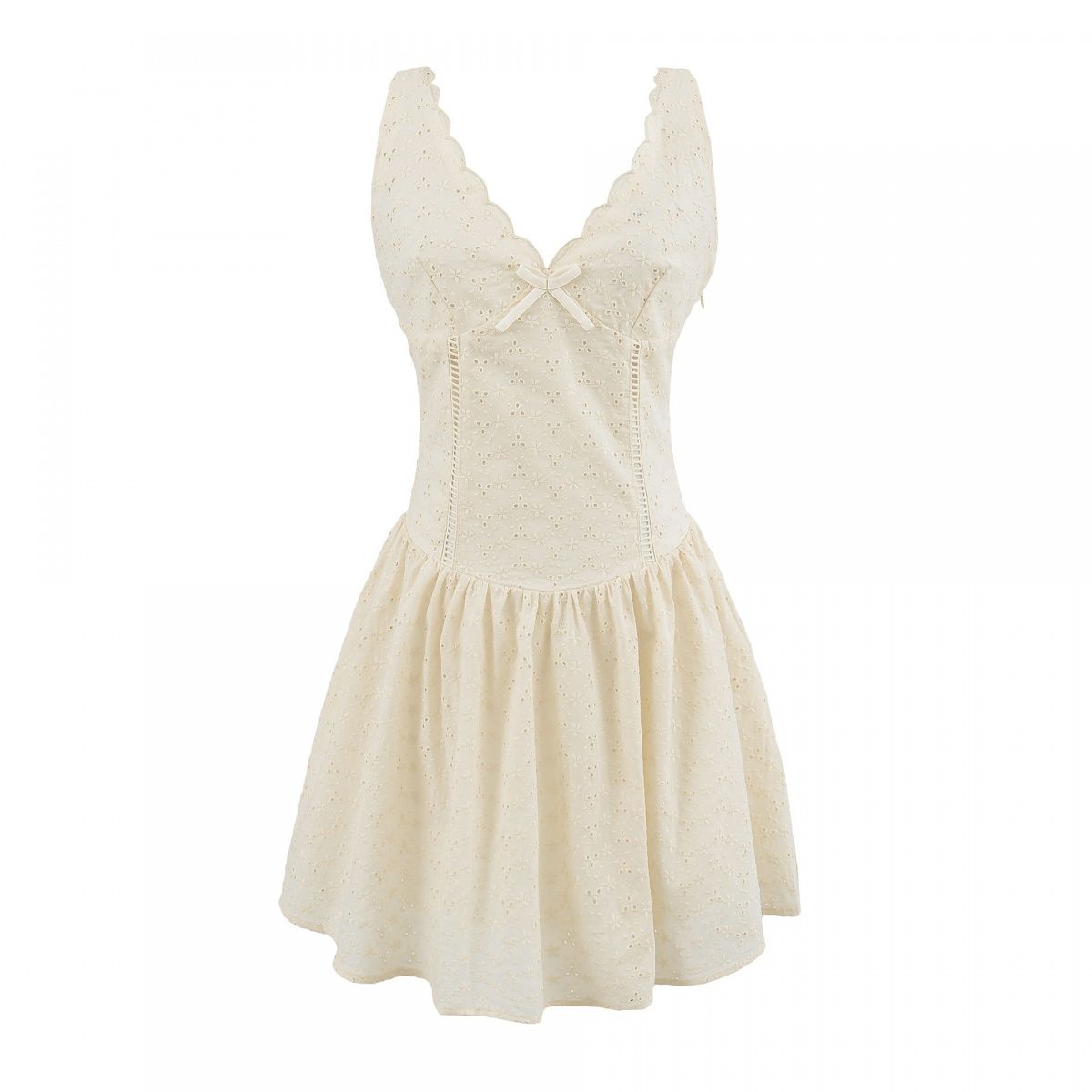 Abito corto estivo elegante da donna con scollo a V e fiocco in vita, vita stretta, pieghe e gonna svasata._voghion.com