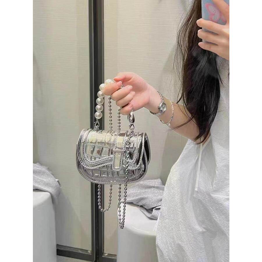 Borsa a tracolla mini con catena di perle argento donna_voghion.com